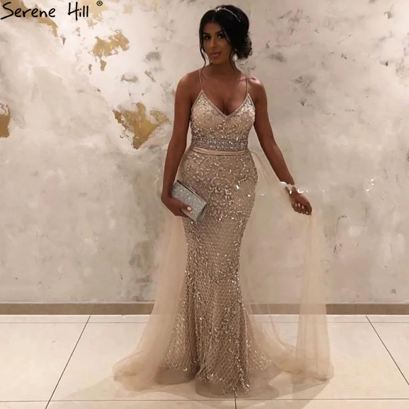 Evening dress with ruffled hem-Spaghetti Strap  Sexy Nude Silver Mermaid Luxury Beaded   Evening Dresses  Gowns For Woman 2024Formal Dress Serene Hill LA70370