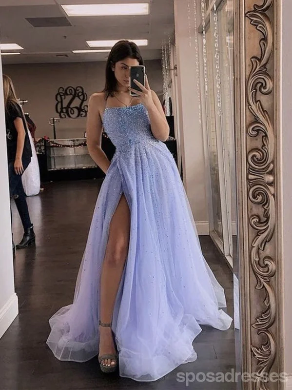 Evening dress with bow belt-Spaghetti Straps A-line High Slit Cheap Long Prom Dresses Online,13086