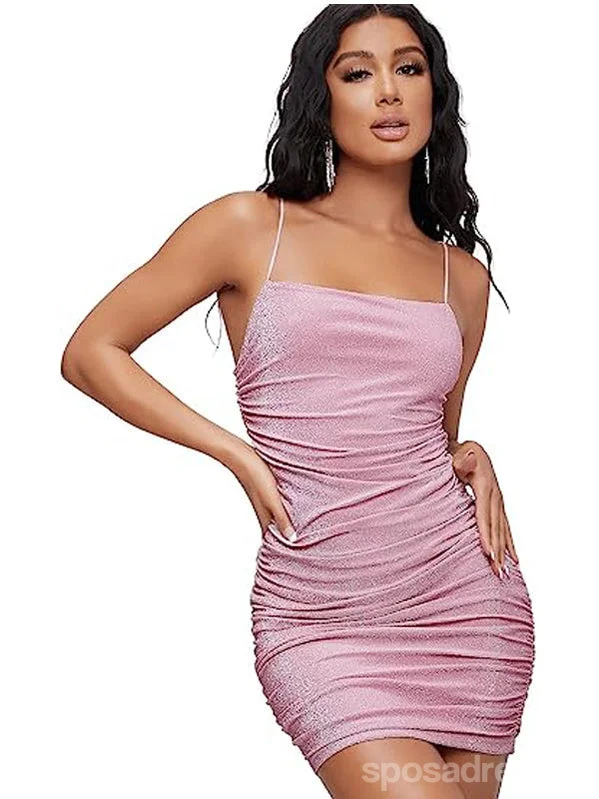 Evening dress with appliqu茅-Sparkly Pink Sheath Spaghetti Straps Short Homecoming Dresses,Short Prom Dresses,CM950