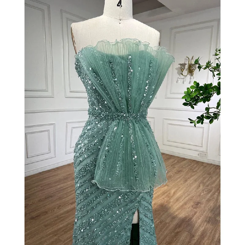 Evening dress with off-shoulder-Stunning Serene Hill Turquoise Mermaid Evening Dresses with High Split And Beaded Design Arabic For Women Wedding Party LA72097