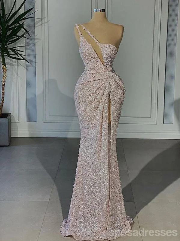 Evening dress with chiffon-Unique Mermaid One Shoulder High Slit Cheap Long Prom Dresses,13085