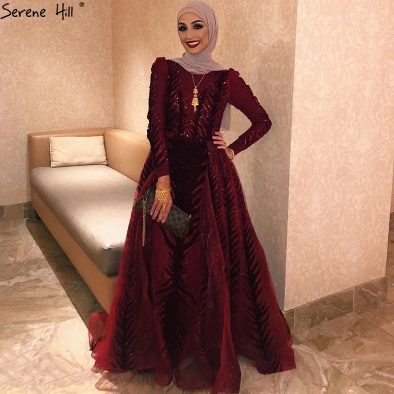 Evening dress with sweetheart neckline-Velvet Wine Red Evening Dresses Long Sleeves Luxury Design Beading  Formal Dress 2024  Serene Hill Plus Size LA60903