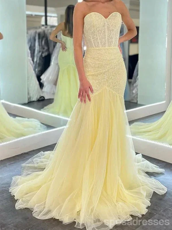 Evening dress with backless design-Yellow Mermaid Sweetheart Long Prom Dresses,Evening Dresses,13088