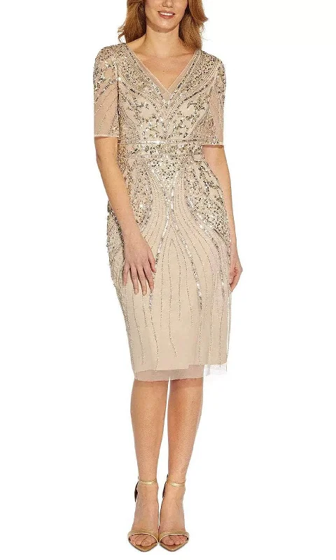 Short cocktail dress for parties-Adrianna Papell AP1E209809 - Beaded V Neck Mesh Dress