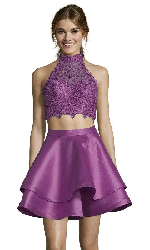 Velvet cocktail dress-Alyce Paris Two Piece Halter Lace Mikado Cocktail Dress 3735