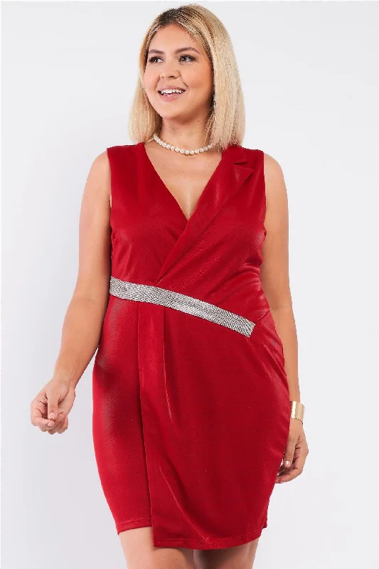 Cocktail dress with fitted bodice-Plus Size Red Rhinestones Sparkle Belt Cocktail Dress