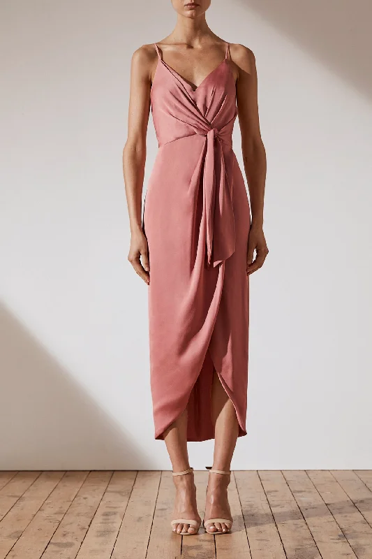 Cocktail dress with sheer overlay-LUXE TIE FRONT COCKTAIL DRESS - ROSE