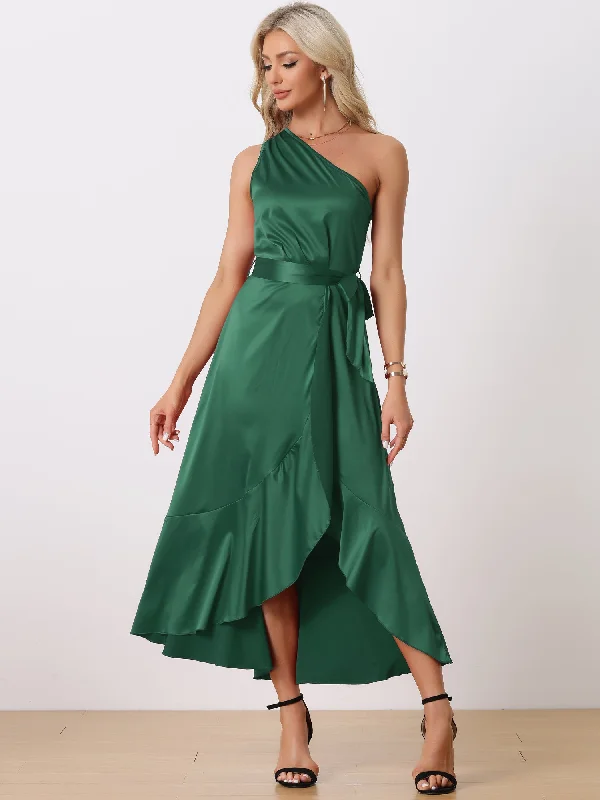 Cocktail dress with illusion back-Satin Sleeveless One Shoulder Belted Split Ruffle Evening Cocktail Dress