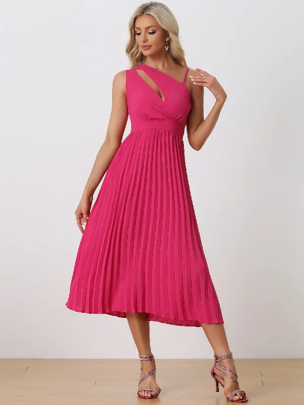 Cocktail dress with illusion neckline-One Shoulder Pleated Sleeveless Elastic Waist Party Cocktail Dress