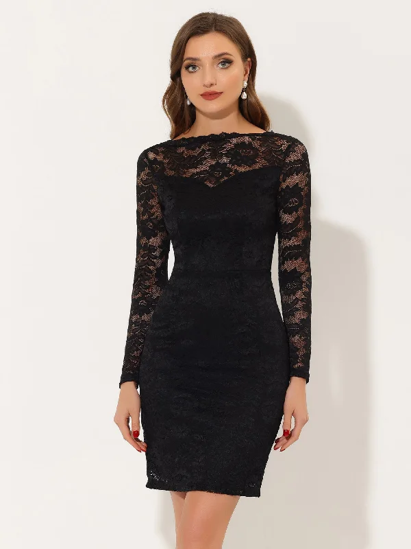 Cocktail dress with high neckline-Lace Boat Neck Long Sleeve Cocktail Bodycon Pencil Dress