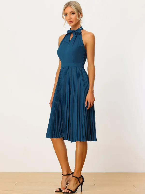 Cocktail dress with flowy skirt-Pleated Summer Tie Halter Neck Sleeveless Party Cocktail Dress