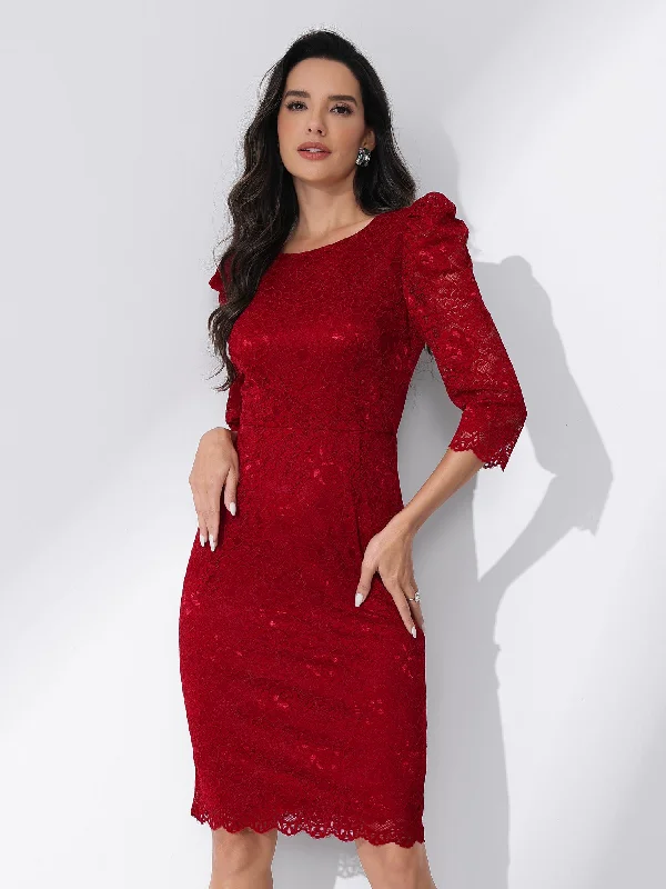 Cocktail dress with gold accents-Lace Floral Crew Neck 3/4 Sleeve Bodycon Guest Cocktail Dress