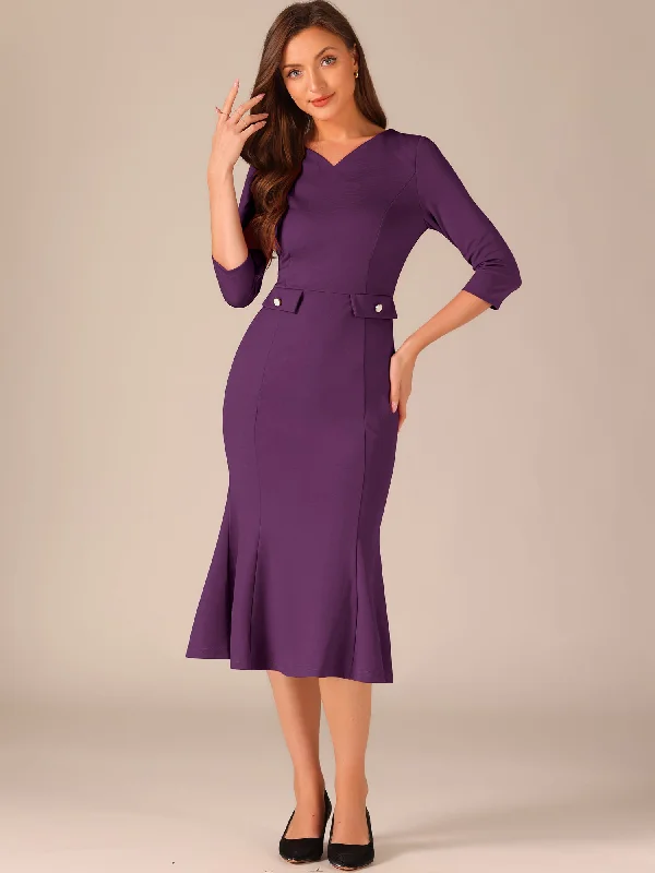 Cocktail dress with iridescent fabric-Vintage Bodycon Fishtail 3/4 Sleeve Work Church Cocktail Dress