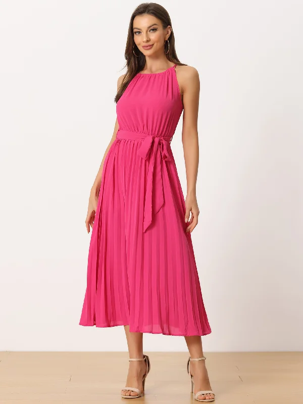 Cocktail dress with illusion skirt-Women's Sleeveless Halter Neck Belted A-Line Cocktail Pleated Dress