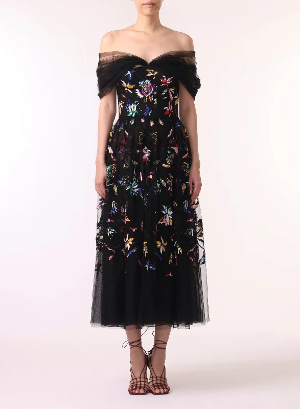 Cocktail dress with velvet details-EMBROIDERED TULLE OFF THE SHOULDER COCKTAIL DRESS